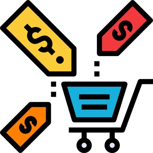 Carrito de compras con etiquetas de descuento y símbolo de moneda.