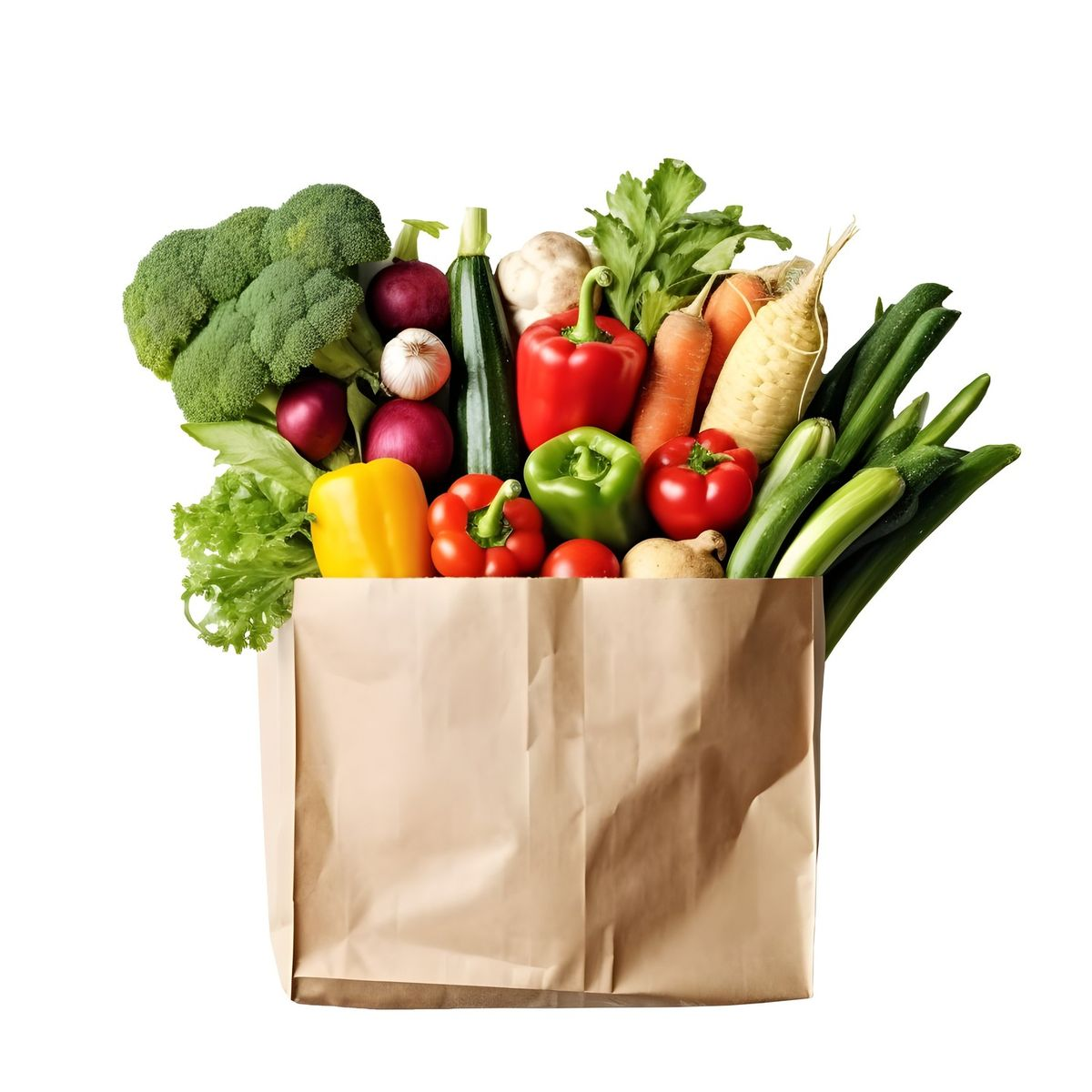 Bolsa de papel ecológica con vegetales frescos y hortalizas variadas".